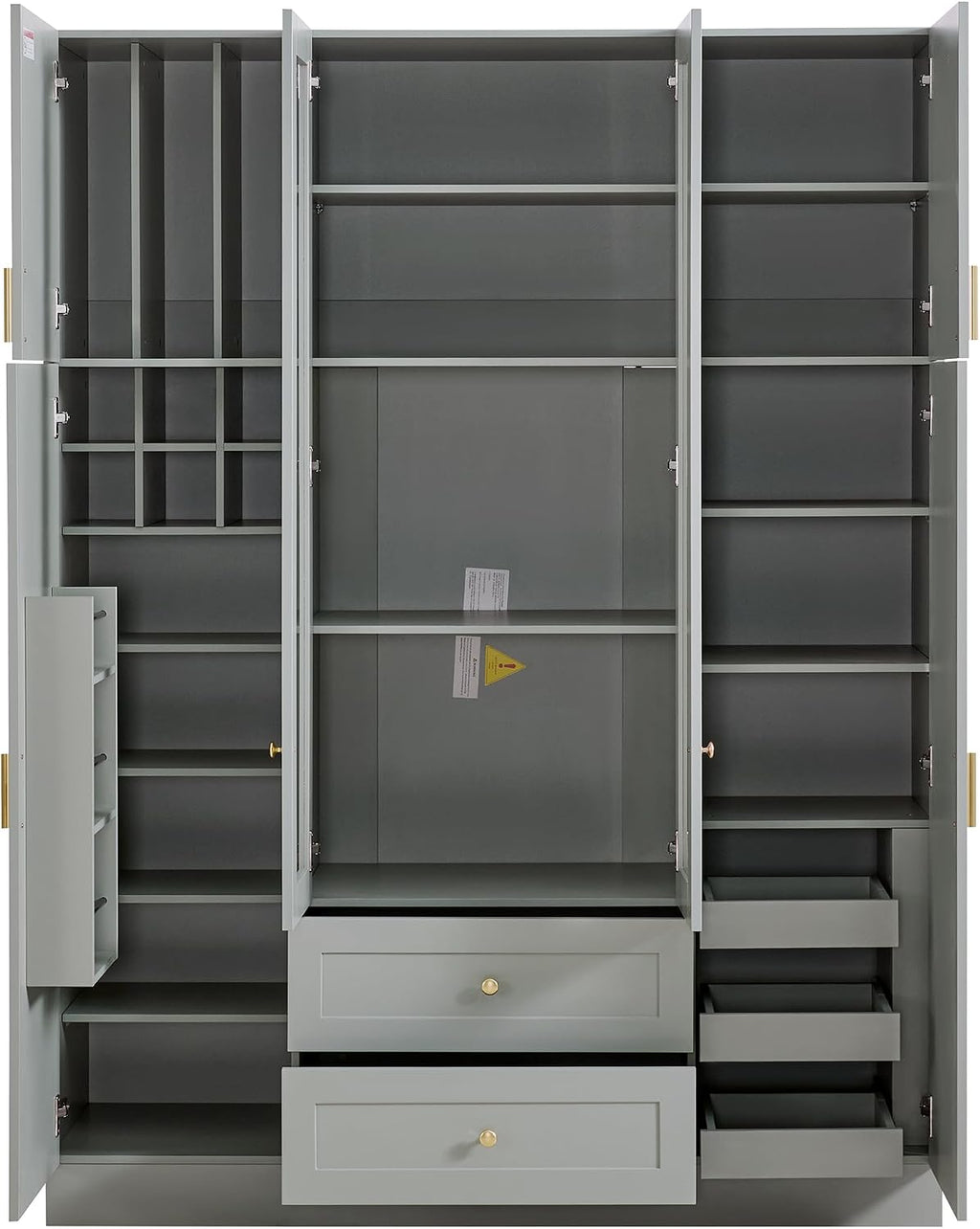 71" H Large Kitchen Pantry with 6 Doors, 53.2" L x 17.7" W Wooden Cupboard with Drawers, Pull-Out Trays, Wine Rack and Adjustable Shelves for Dining Room, Gray-Green