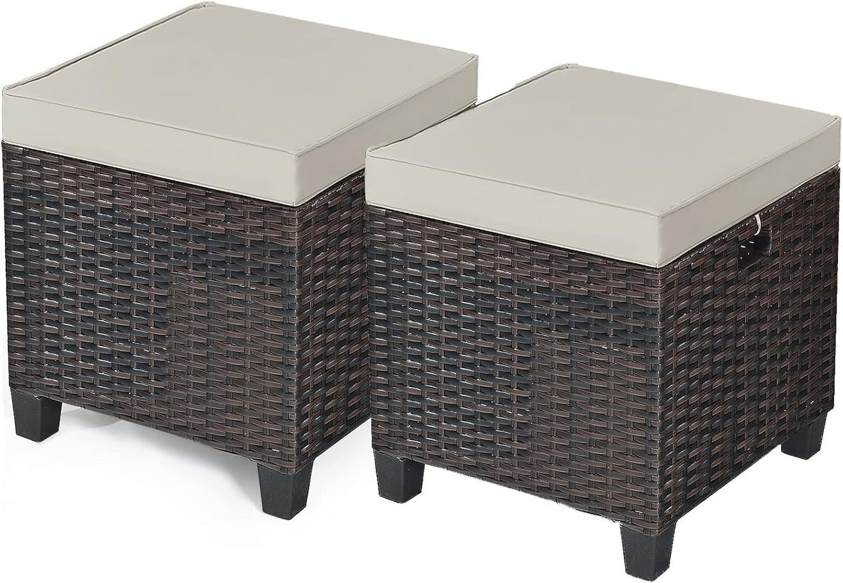 Set of 2 Outdoor Wicker Ottomans, All Weather Rattan Patio Footstool w/Removable Cushions, Patio Rattan Furniture, Extra Footrest Seat for Garden, Patio, Deck, Porch, Poolside (Light Brown)