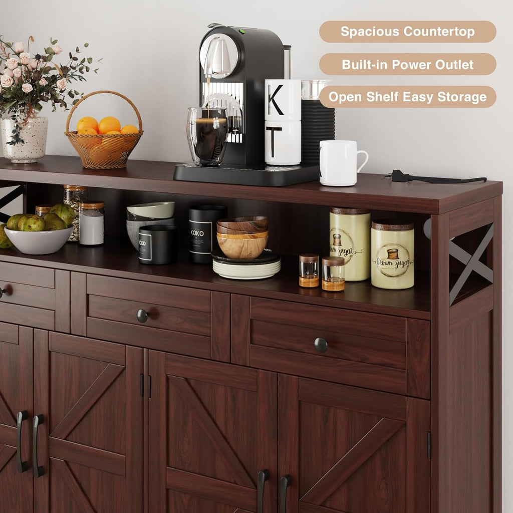 51" Dark Brown Buffet Sideboard Cabinet, Farmhouse Storage Cabinet Kitchen Pantry with Shelf and Drawers, Wood Cupboard Hutch Cabinet, Coffee Bar Station Table for Kitchen, Living Room, Dining Room