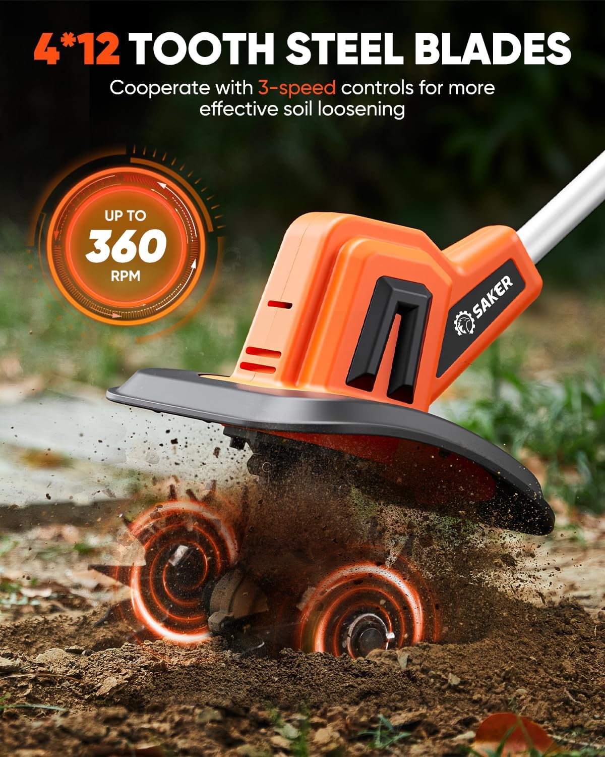 Saker 22V Cordless Electric Garden Tiller Cultivator, Rototiller for Gardening with 3 Adjustable Speed, 9-Inch Tilling Width, 6.3-Inch Depth for Soil Preparation, Weeding, and Gardening SK-TC18A