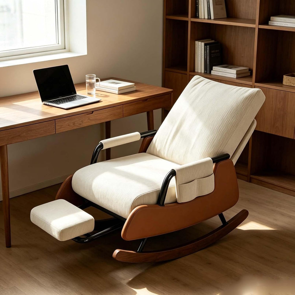 Lightweight Foldable Indoor Rocker Chair with Detachable Foot Stool | Soft Corduroy Padded Leisure Chair for Living Room Balcony Use