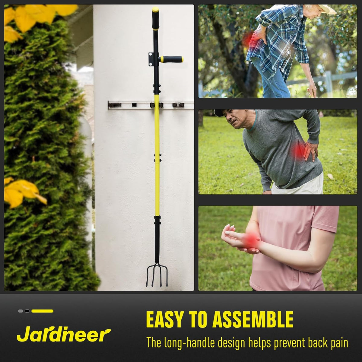 Jardineer 4-Tine Cultivator Rake with Auxiliary Handle, Garden Cultivator Long Handle, Hand Tiller Tool for Gardening Digging Loosening Weeding