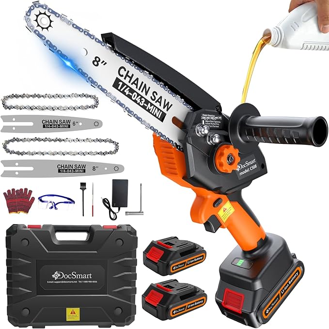 Mini Chainsaw Cordless, 8 inch & 6 inch Electric Chain Saw with 2 Pack Rechargeable Batteries, Battery Powered Handheld Saw Gardening Tools for Trees Branches Trimming Wood Cutting, Orange