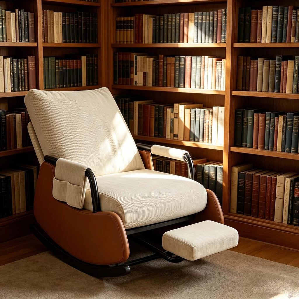 Lightweight Foldable Indoor Rocker Chair with Detachable Foot Stool | Soft Corduroy Padded Leisure Chair for Living Room Balcony Use