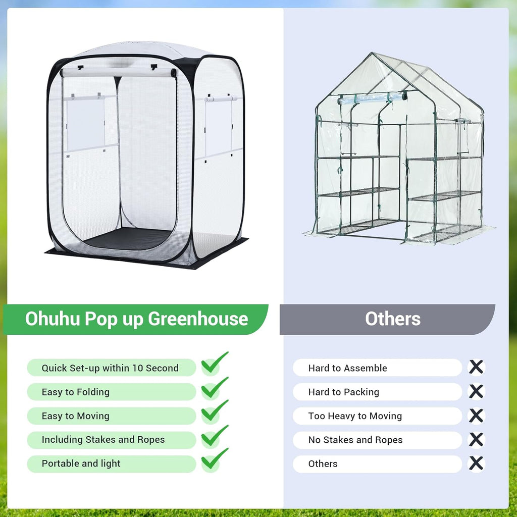 Ohuhu Pop Up House - Fast Set-up Small Greenhouse Walk in Portable Greenhouses Indoor Outdoor with Removable PE Mat & Mesh Window for Protecting Plant from Cold Frost & Birds 48 x 48 x 63.7''