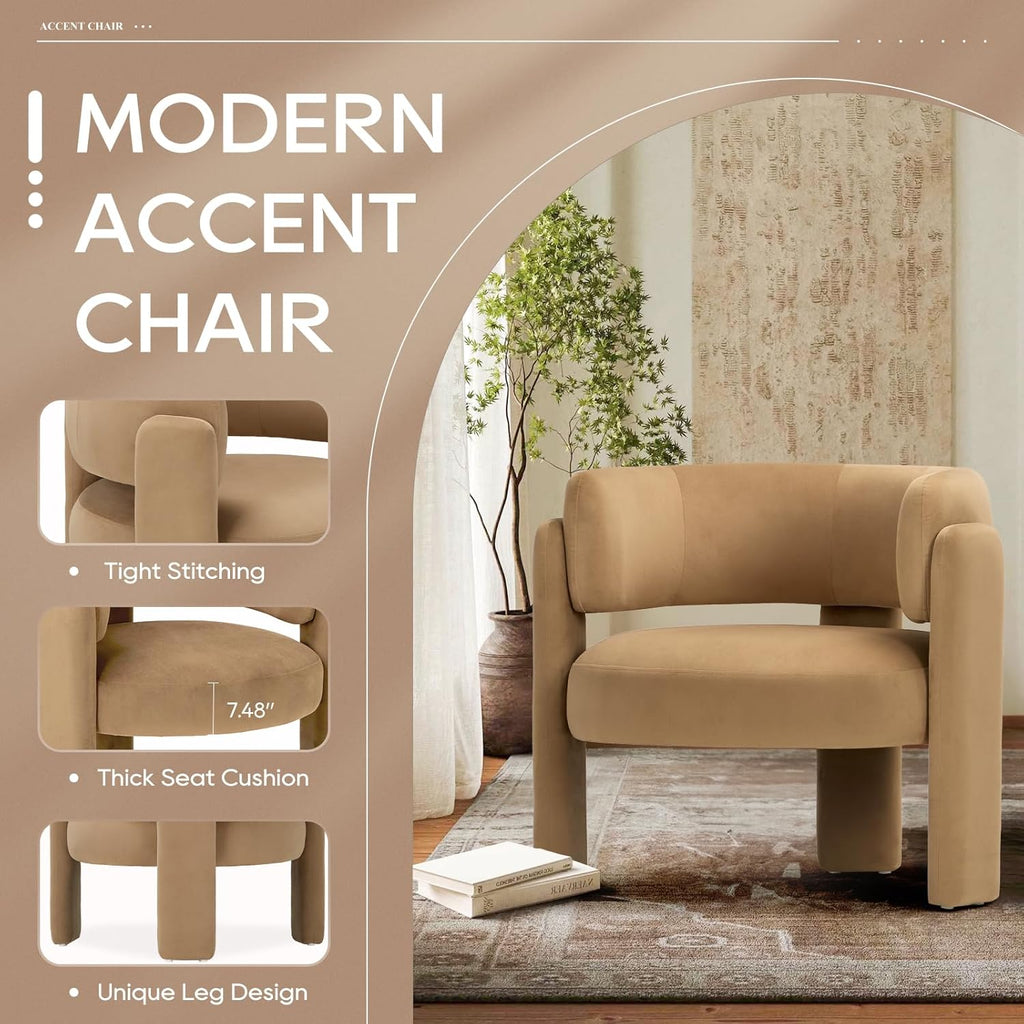 COLAMY Modern Velvet Accent Chairs Set of 2, Upholstered Barrel Chairs, Comfy Side Arm Chairs with 3 Legs for Living Room, Bedroom, Reading, Khaki