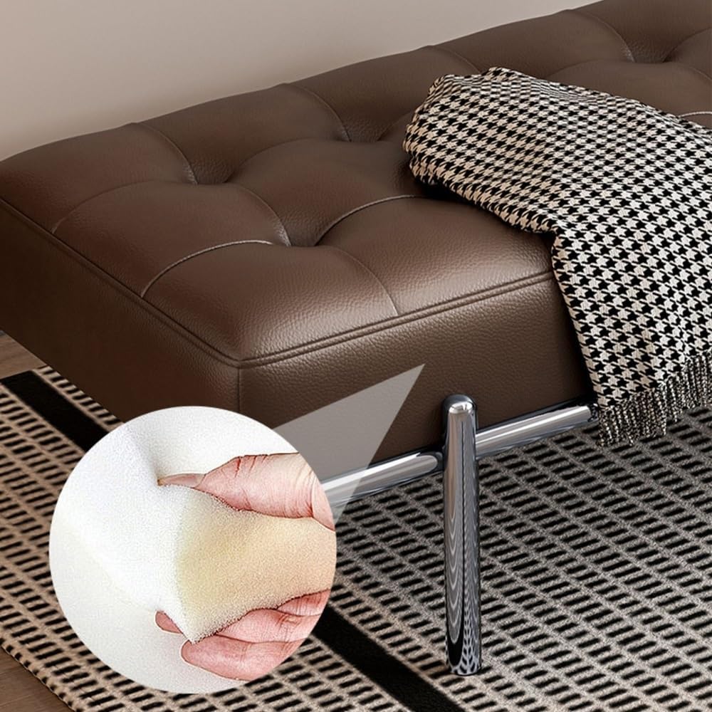 Modern Bed End Stool Shoe-Changing Bench Stainless Steel Long Leather Minimalist Bedside Entryway(Brown,Medium)