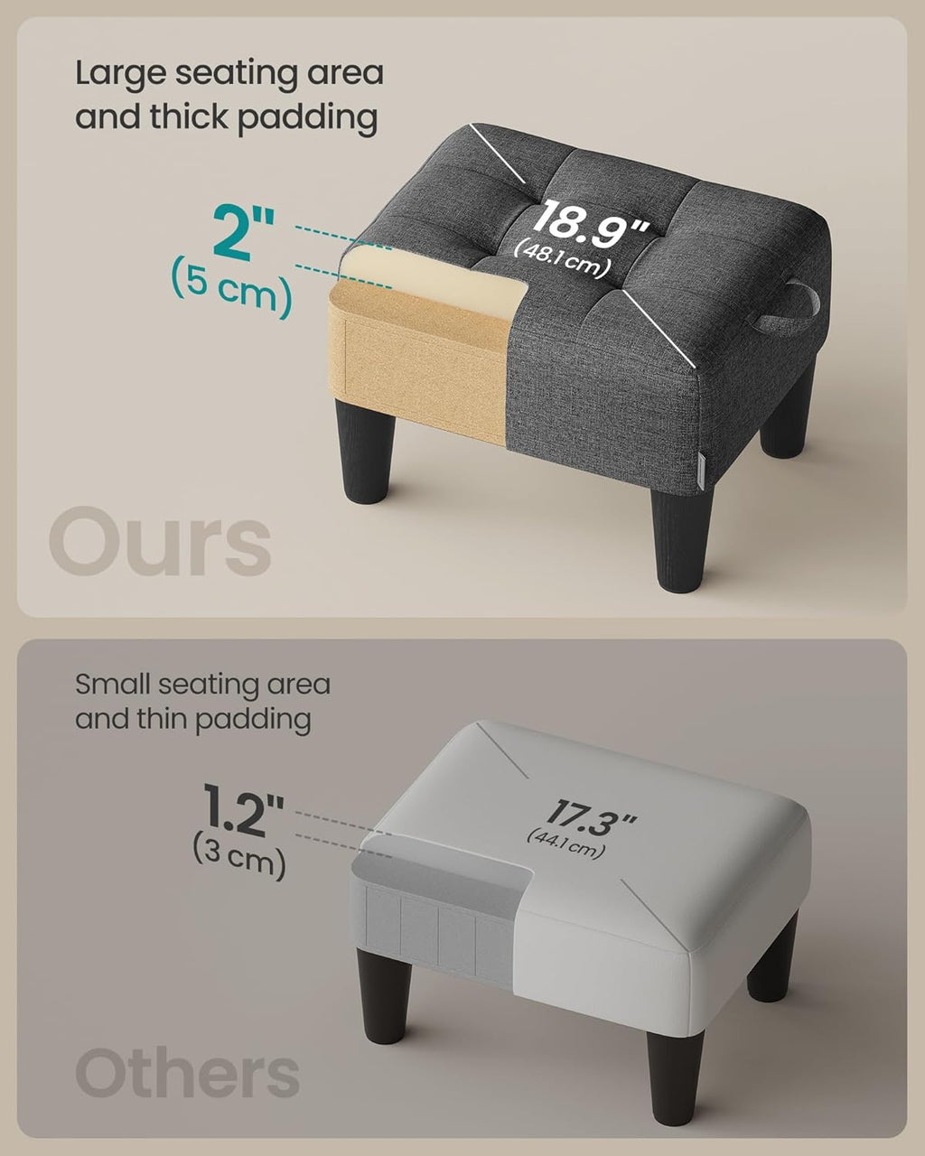 SONGMICS Foot Stool with Legs, Small Footstool Ottoman, Linen-Look Fabric Seat with Thick Cushion, for Living Room, Bedroom, Entryway, 330 lb Weight Capacity, Dark Gray ULOM502G01