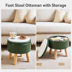 IBUYKE 13 Inch Foot Stool Ottoman with Storage, Round Small Foot Rest with Padded Seat and Wood Legs, PU Faux Leather Mini Footstool for Living Room Couch Bedroom Entryway, Dark-Green WBD023GR