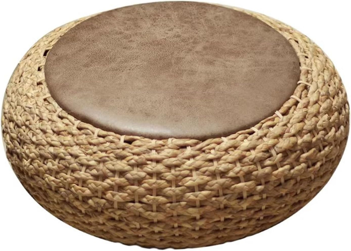 Round Straw Knitted Pouf, Foot Stool Leather Roof Steel Frame Stuffed Futon,for The Living Room Bedroom and Outdoor Seat(50cm/19.6in)