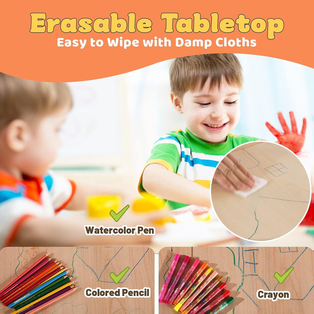 FUNLIO Kids Table and 4 Chairs Set and Adjustable Kids Chair (2pcs), Easy to Wipe Arts & Craftfor Classrooms/Daycares/Homes, CPC & CE Approved - Natural
