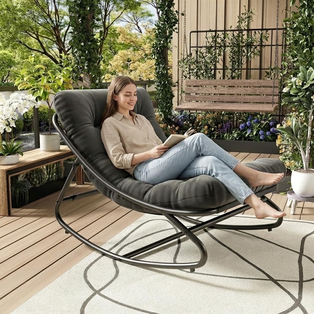 IDEALHOUSE Outdoor Rocking Chair with Metal Frame, Adjustable Papasan Rocker, Waterproof Comfy Cushion, 450lbs Capacity, for Patio, Porch, Garden, Living Room, Dark Grey