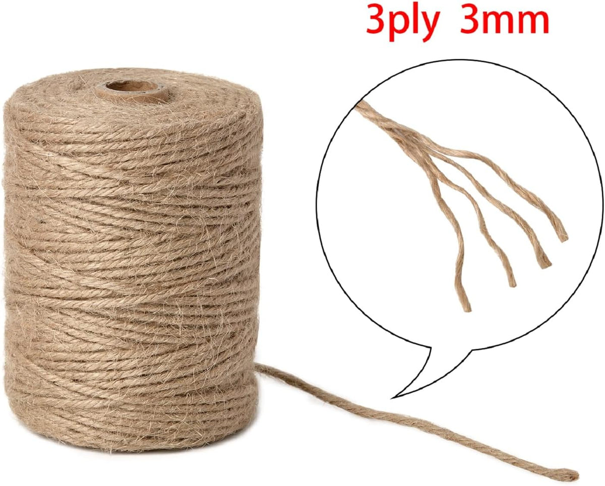 3mm 328 Feet Natural Jute Twine, for Crafts Gift, Craft Projects, Wrapping, Bundling, Packing, Holiday Packaging Twine, Gardening and More, Jute Rope to Use Around The House and Garden