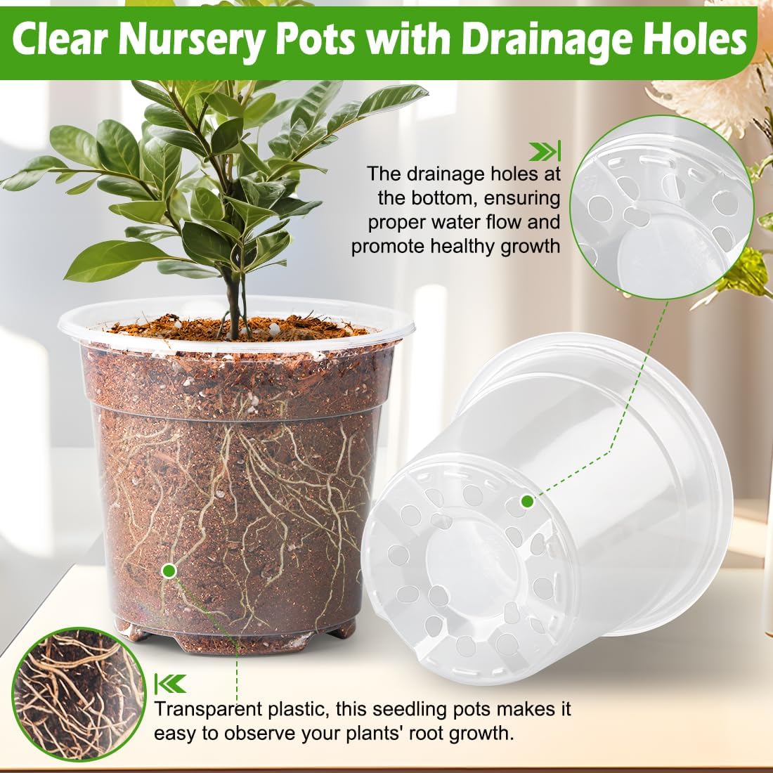 6 Inch Clear Nursery Pots with Humidity Dome, 15 Pack Durable Seed Starting Pot with Drainage Holes, Transparent Plastic Plant Seedling Pots for Indoor Gardening Plants