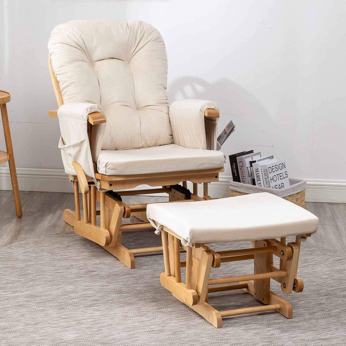 Paddie Glider Rocker Replacement Cushions Velvet with Storage, Rocking Chair Cushion Set with Ties, 5PCS, Beige