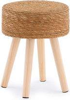 Handwoven Outdoor Ottoman, Water Hyacinth Pouf Round Patio Footstool with Wood Legs, 17-Inch Multipurpose Vanity Stool, Dining Chair, Patio Footrest for Balcony and Garden, Natural