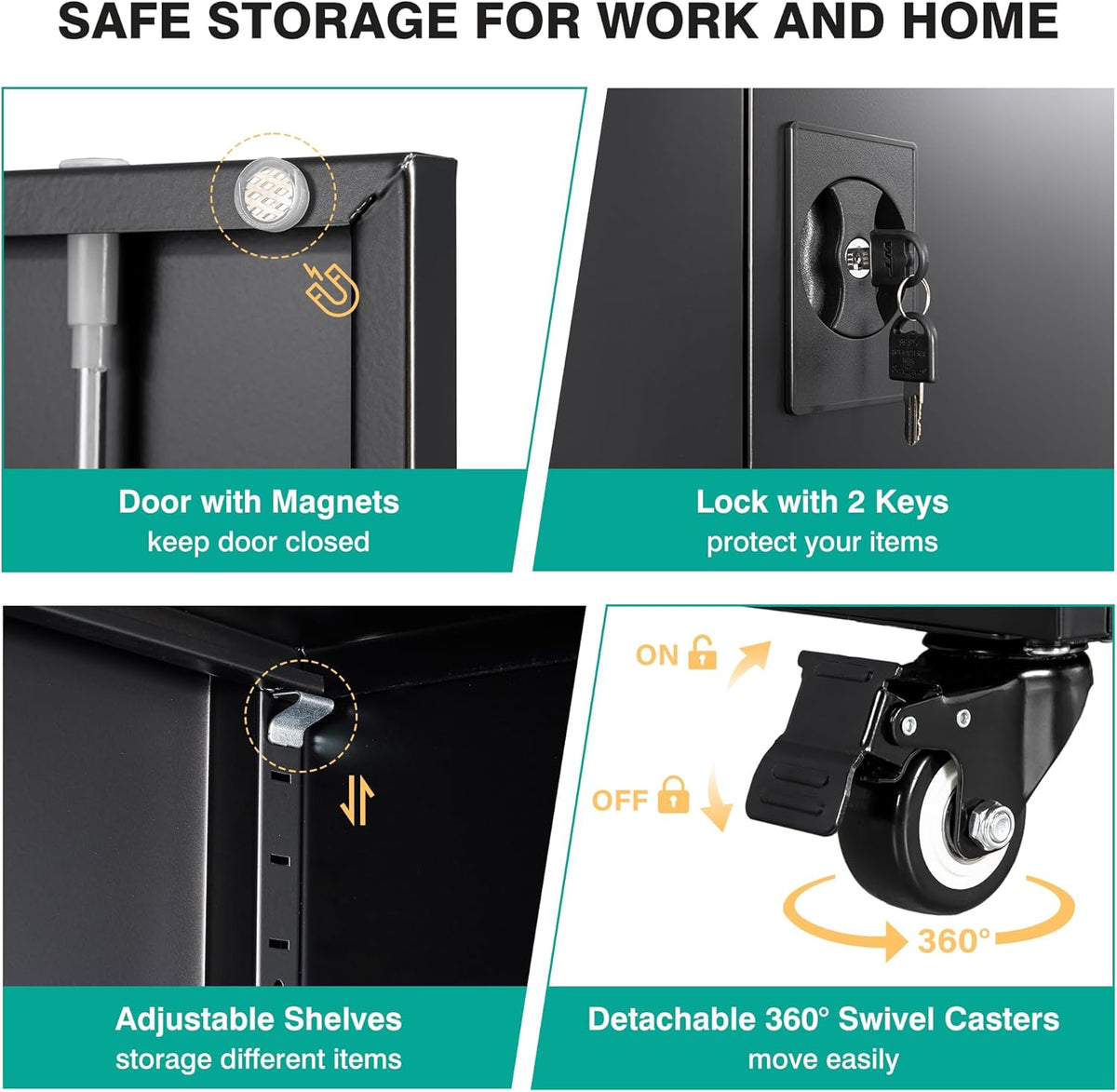 SISESOL Metal Storage Cabinet with Wheels,75 inch Tall Rolling Garage Storage Cabinet with Lock,Black Metal Cabinets with Wheels and Shelves,Deep Heavy Duty Tool Locker for Garage,Home,Office,Shop