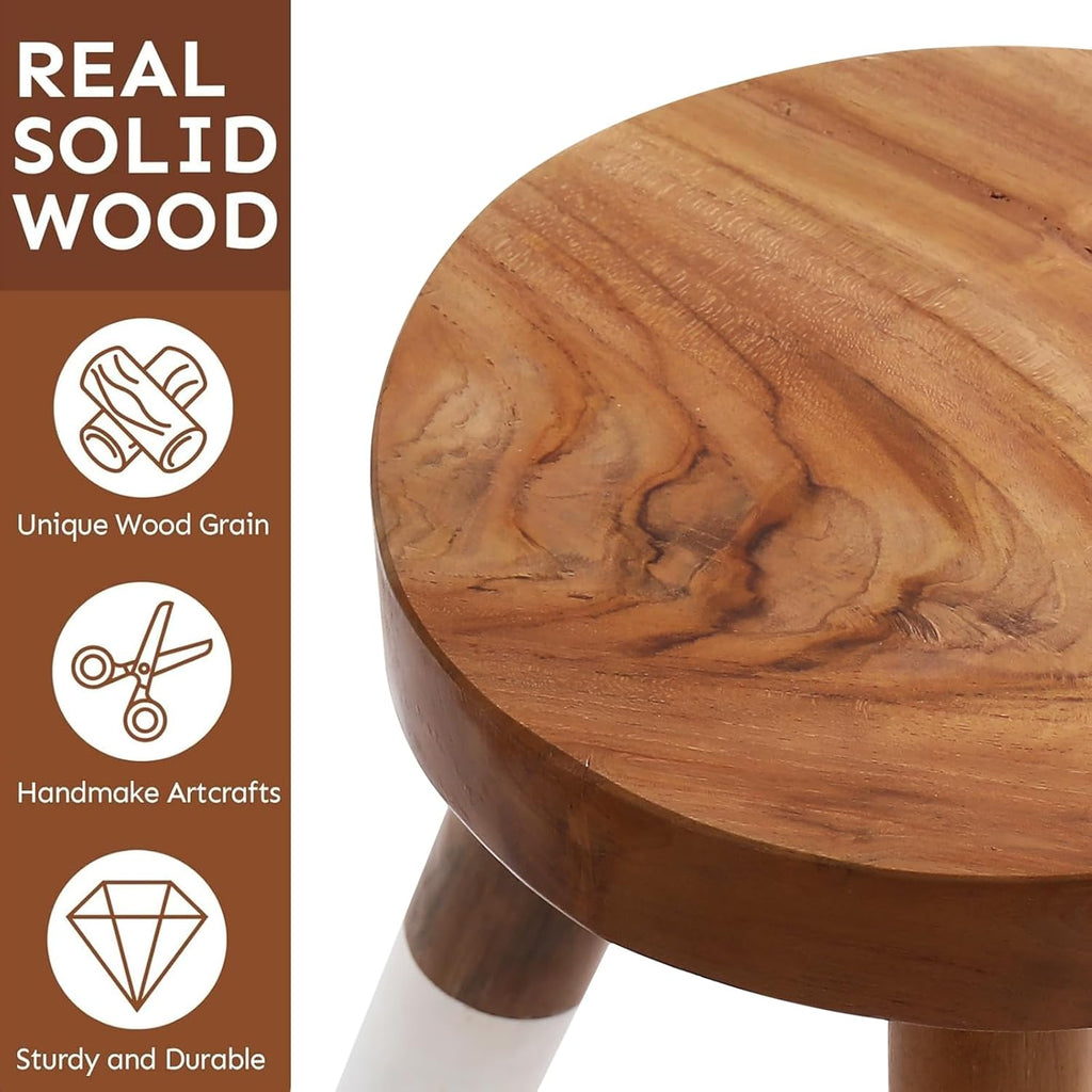 Teak 11.8" Round Dip Dyed Teak Stool | Wood Accent Side Table | Wood Plant Stand (20" Tall White)