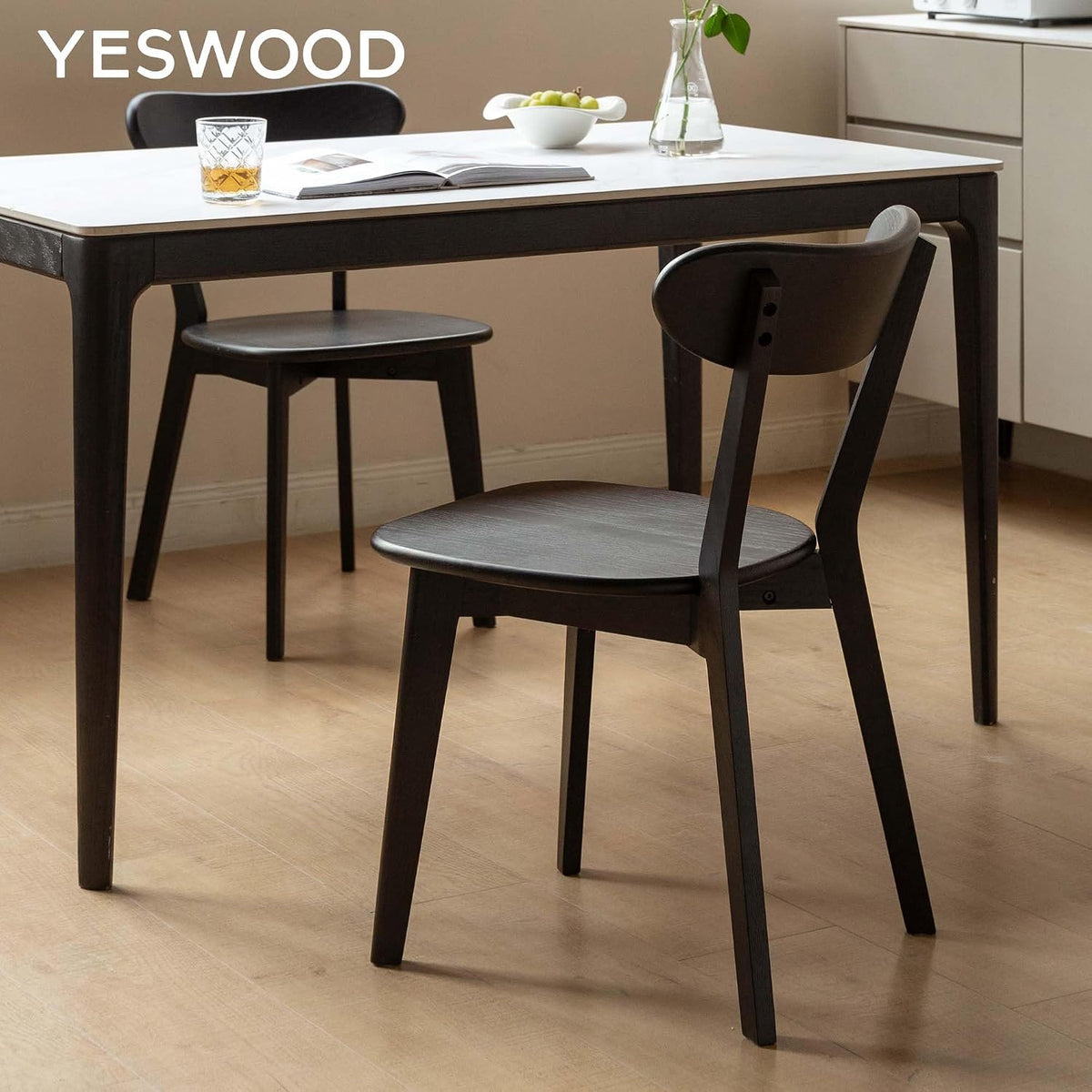 YESWOOD Oak Dining Chairs Set of 2, 100% Solid Wood Kitchen Chairs with Curved Backrest, Mid Century Modern & Farmhouse Side Chairs for Dining Room, Living Room, Study, Black