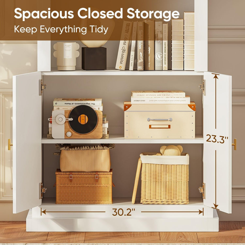 71" Arched Kitchen Modern Pantry Storage Cabinet, Tall Display Cabinet for Living Room and Dining Room with 1 Glass Door and 1 Open Shelf Cabinet with Drawers, White with Gold Handles, 2 of Set