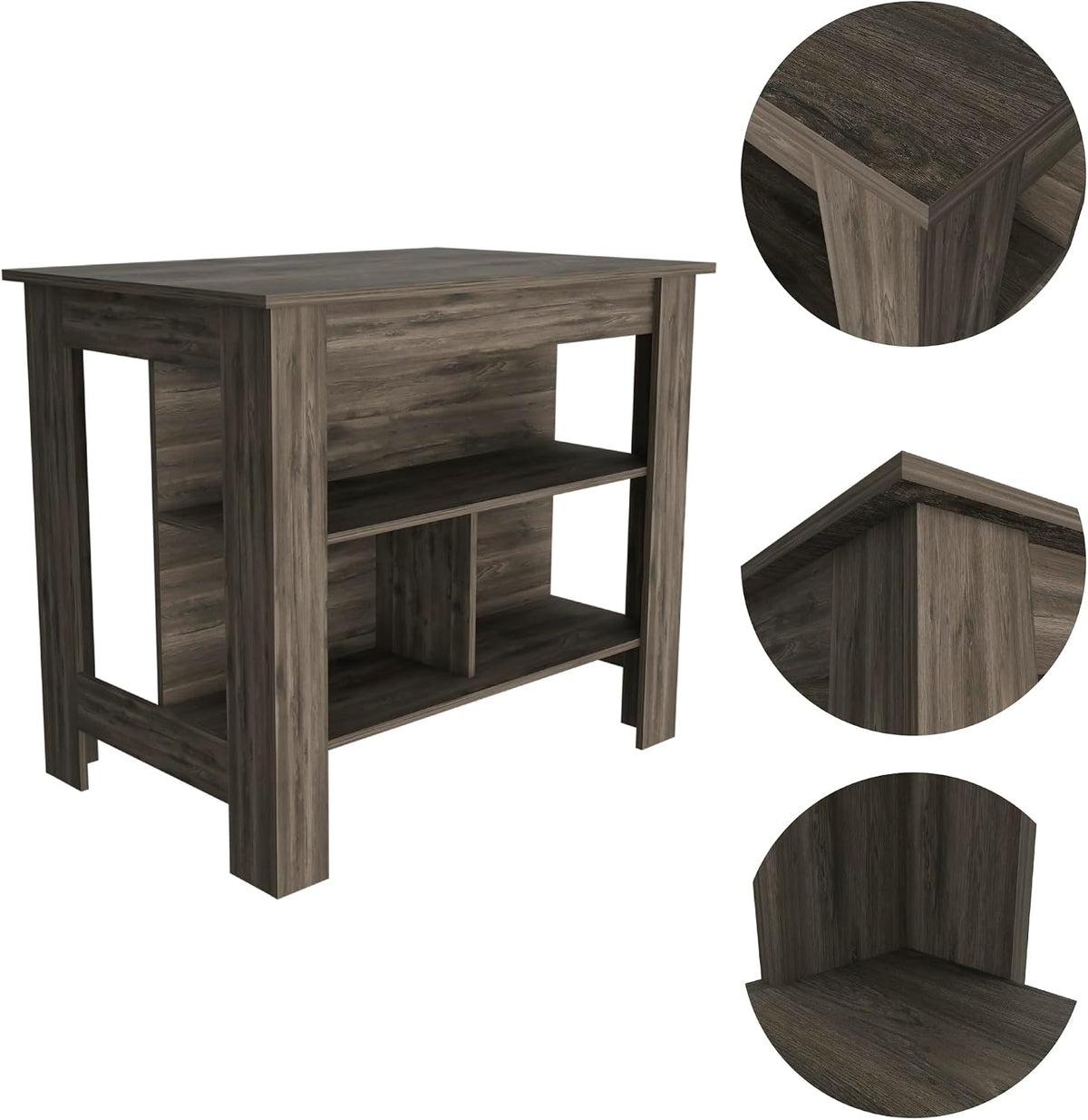 Dark Brown Kitchen Island with Three Shelves and Four Legs | Spacious kitchen island with three storage shelves and wide top surface for meal prep