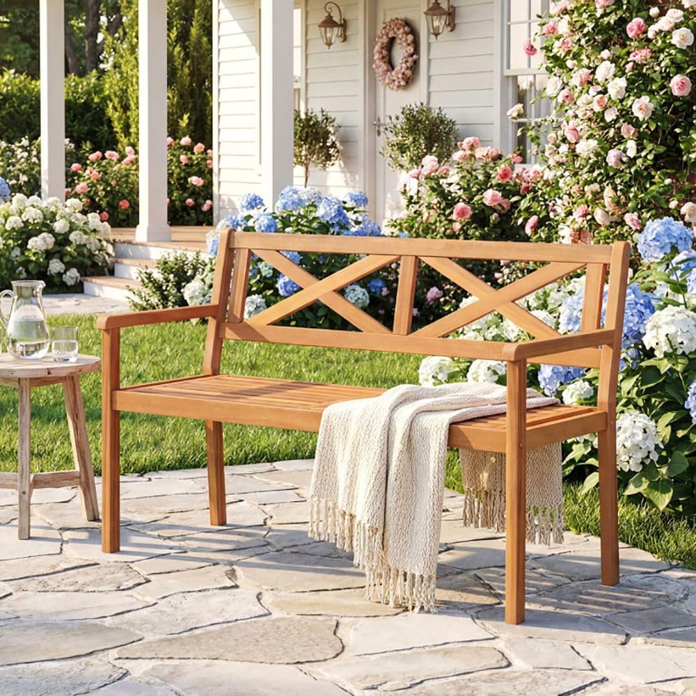 Acacia Wood 2-Person Porch Chair Armrests Backrest 44in Seat Width 800lb Capacity Poolside