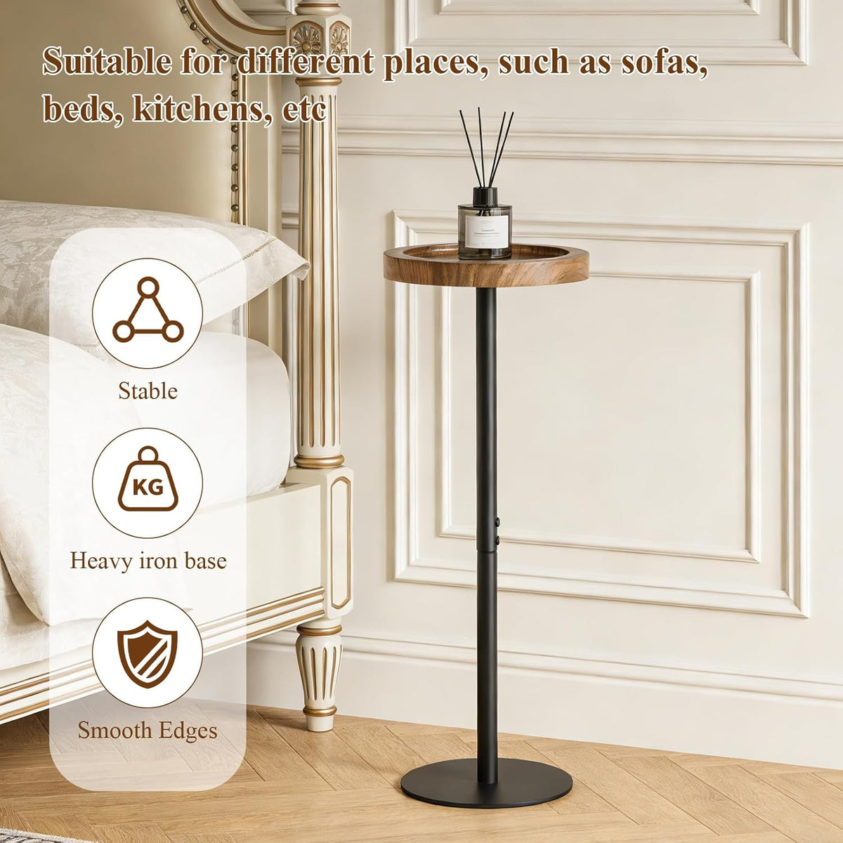 YYW Drink Table, 7.87" Round Side Table, Small Pedestal Side Table, Circle End Table with Metal Base, Martini Tables for Small Spaces, Living Room, Bedroom (Walnut Brown)