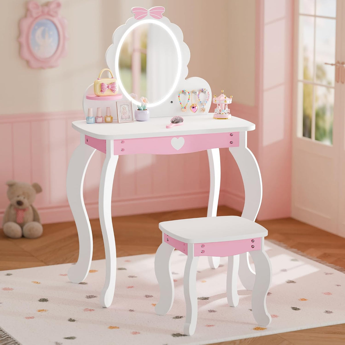 MU Kids Vanity Set with Lighted Mirror and Stool, Kids Makeup Vanity Desk with Storage Space, Bow Pattern for Girls, Toddler Princess Makeup Dressing Table with Chair Set, White
