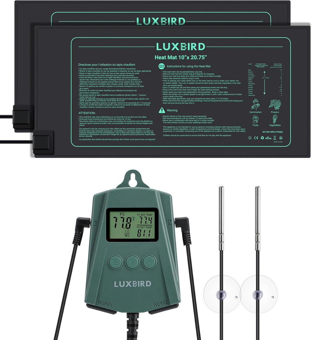 LUXBIRD 2 Pack 10"x 20.75" Seedling Heat Mat and Digital Thermostat Controller Combo Set (120v US Plug)