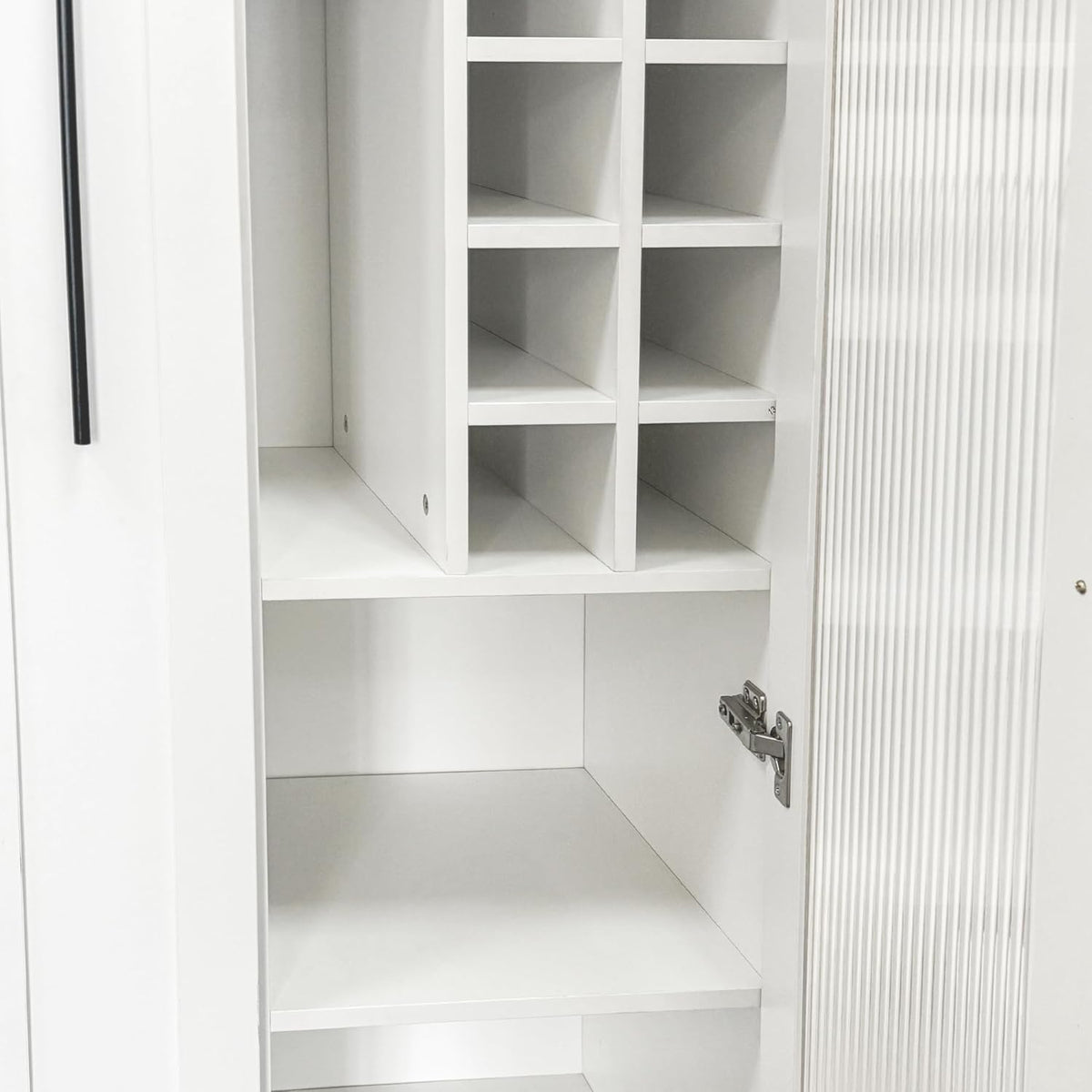 Kitchen Pantry Cabinet with Pull-Out Multi-Tier Storage Shelf, Farmhouse Storage Cabinet with Glass Doors, Tall Pantry Organizer for Kitchen, Dining Room & Living Room White