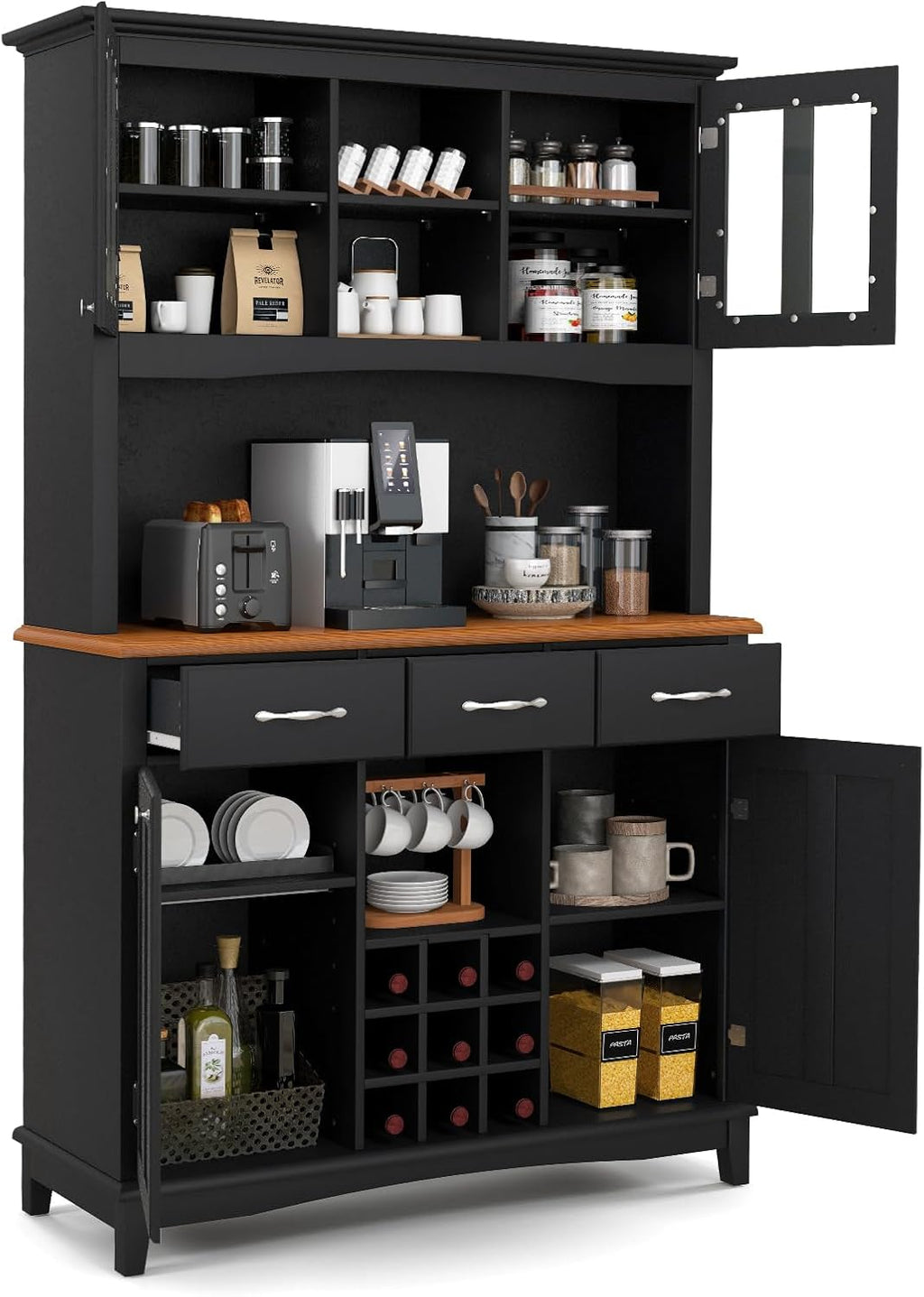 72.5” Buffet with Hutch, Freestanding Pantry Storage Cabinet with Drawers, Adjustable Shelves, Wine Grids, Microwave Countertop, Kitchen Cupboard for Dining Room, Living Room (Black)