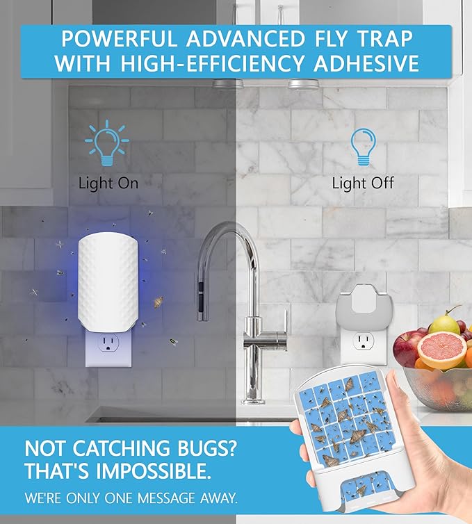 Flying Insect Trap for Indoors, Bug Killer Light Trap for Fruit Flies, Gnats, Moths, and Houseflies, 2 Devices + 8 Refills, Best Fly Traps for Home, Kitchen, Bedroom, Plant Area, Garages