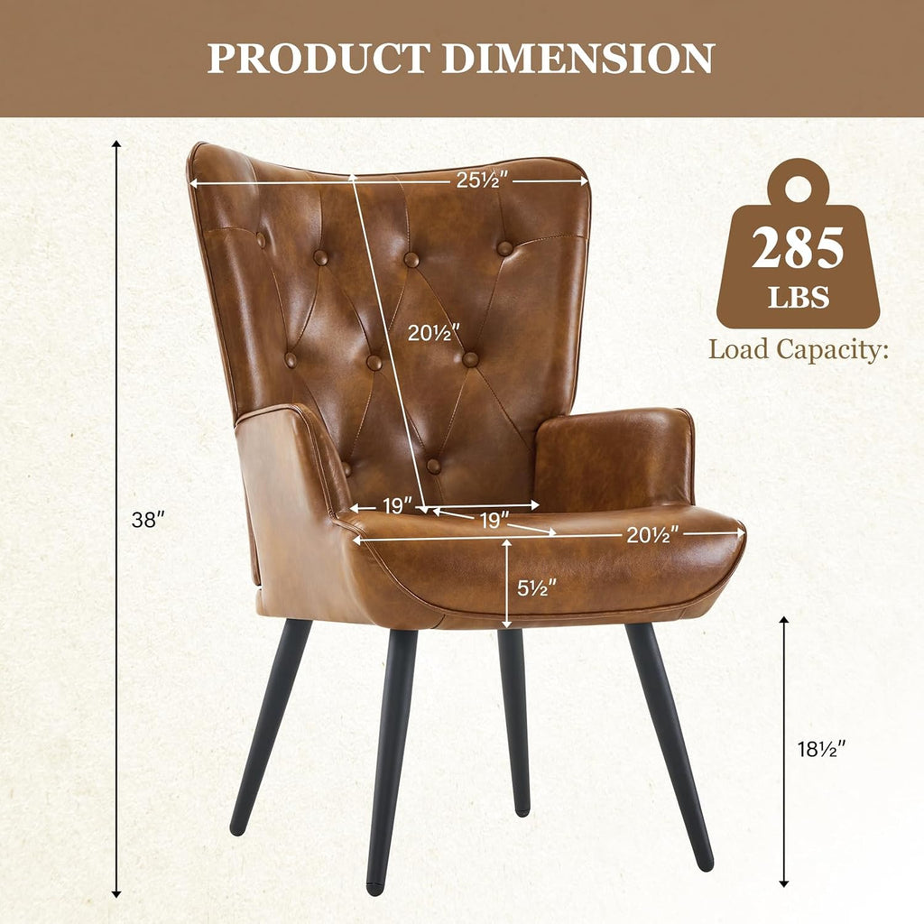 Furnimart Accent Chairs Set of 2, Brown PU Leather Reading Armchair with High Backrest, Wingback Corner Chair Mid Century Modern for Living Room, Bedroom, Waiting Room