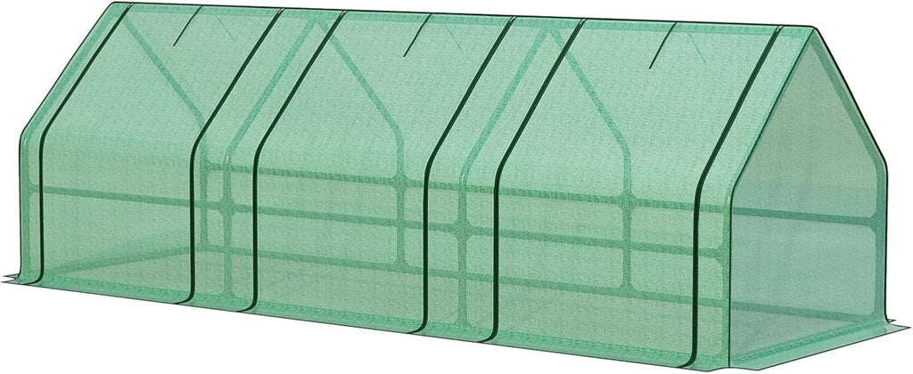 Aoodor 9 x 3 x 3 ft Mini Greenhouse with 3 Zipper Doors, Water-Resistant, UV-Protected for Flowers, Vegetables, and Herbs, Green