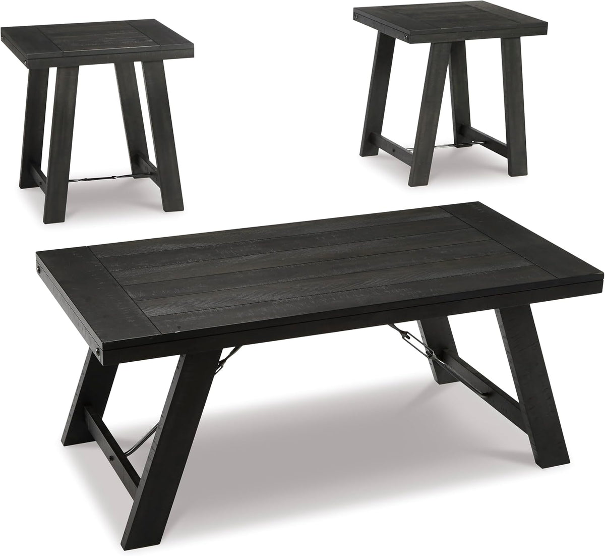 GTU Furniture Casual Engineered Wood Rectangular 3-Piece Coffee Table Set, Cocktail Table with 2 Matching End Tables, Black/Pewter Finish for Living Room
