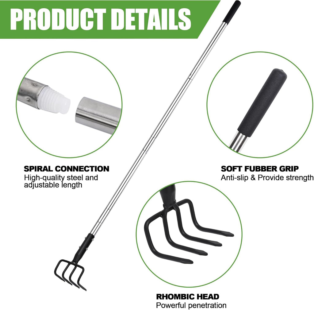 Long Hand Cultivator, Carbon Steel & Stainless Steel Tiller Cultivator, Garden Cultivator with Telescopic Handle and Soft Handle Cover, Hand Tiller for Digging Loosening Weeding