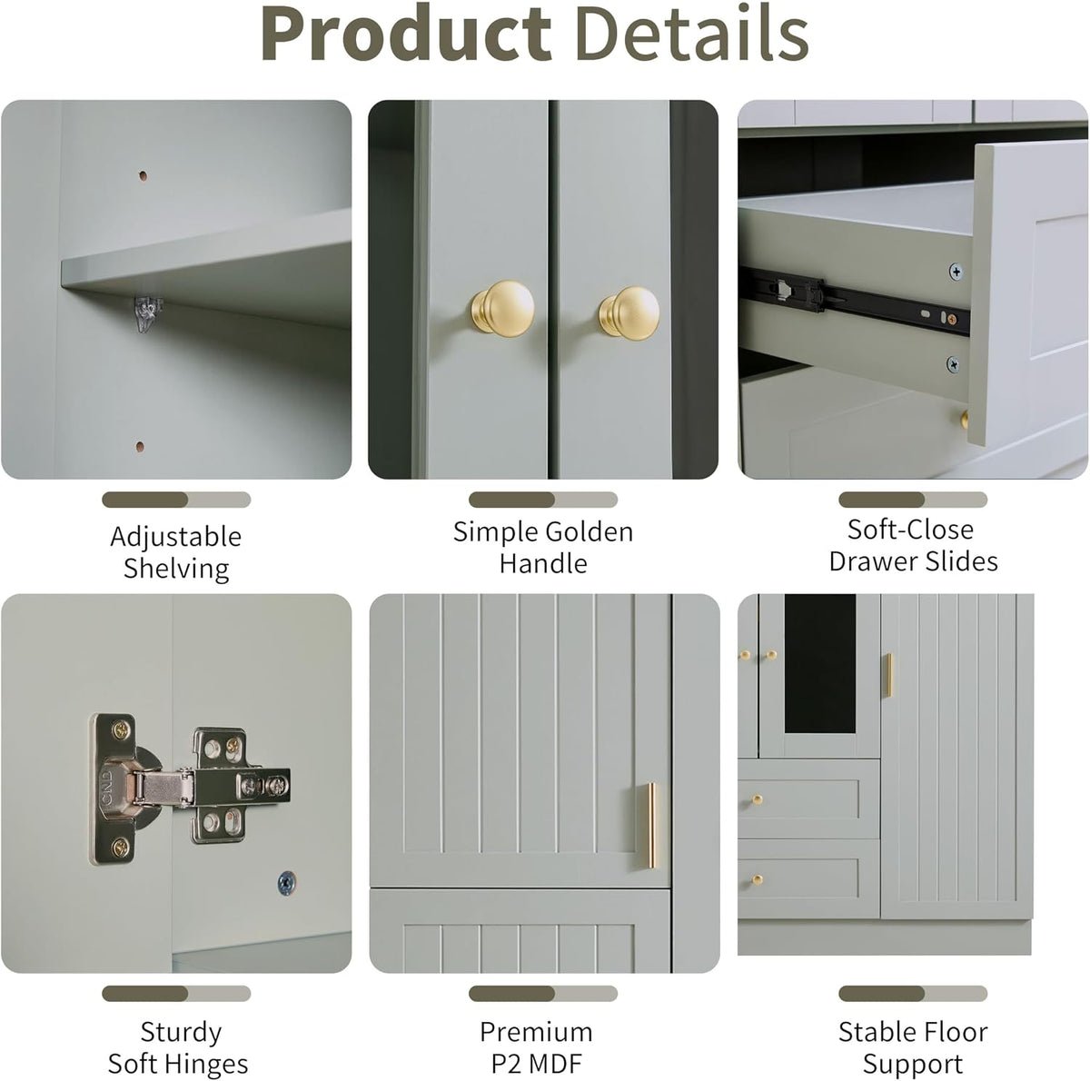 71" H Large Kitchen Pantry with 6 Doors, 53.2" L x 17.7" W Wooden Cupboard with Drawers, Pull-Out Trays, Wine Rack and Adjustable Shelves for Dining Room, Gray-Green