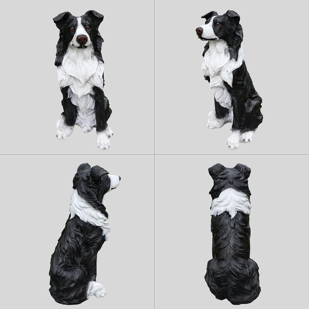 Border Collie Solar Welcome Statue, Hand-Painted Resin Sitting Dog Figurine with Lantern and Dual Wooden-Style Signs, Intelligent Guardian Sculpture for Garden and Porch Décor