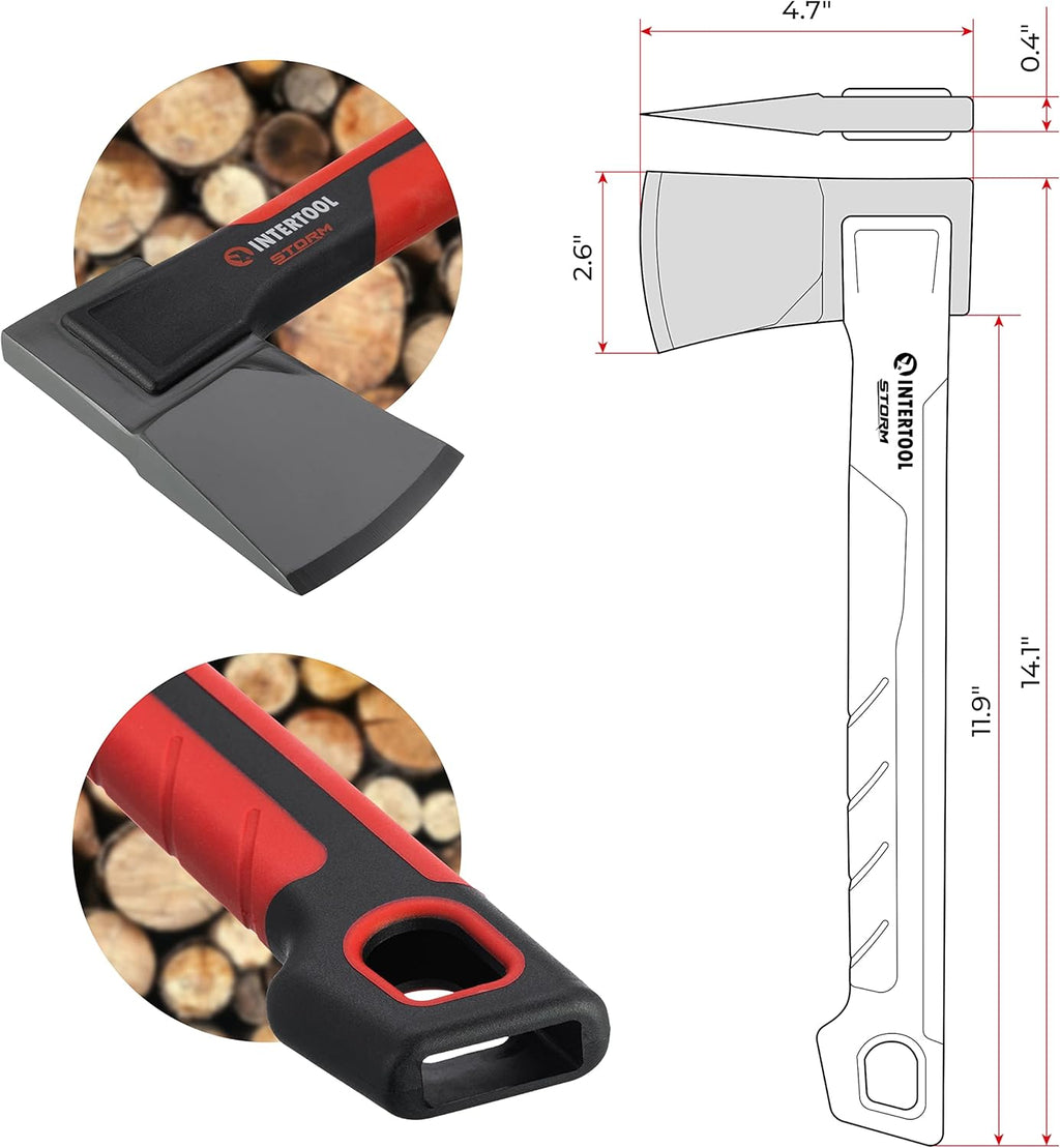 INTERTOOL Hatchet Lightweight for Camp Firewood Splitting & Kindling - Small 14" Wood Chopping Axe with Shock Absorbing Anti-Slip Handle & Sheath - Ax for Outdoor, Hiking, and Gardening - HT08-0291