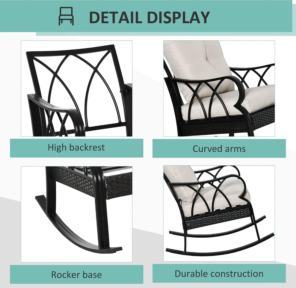 Outsunny Outdoor Wicker Rocking Chair with Padded Cushions, Aluminum Furniture Rattan Porch Rocker Chair w/Armrest for Garden, Patio, and Backyard, Khaki