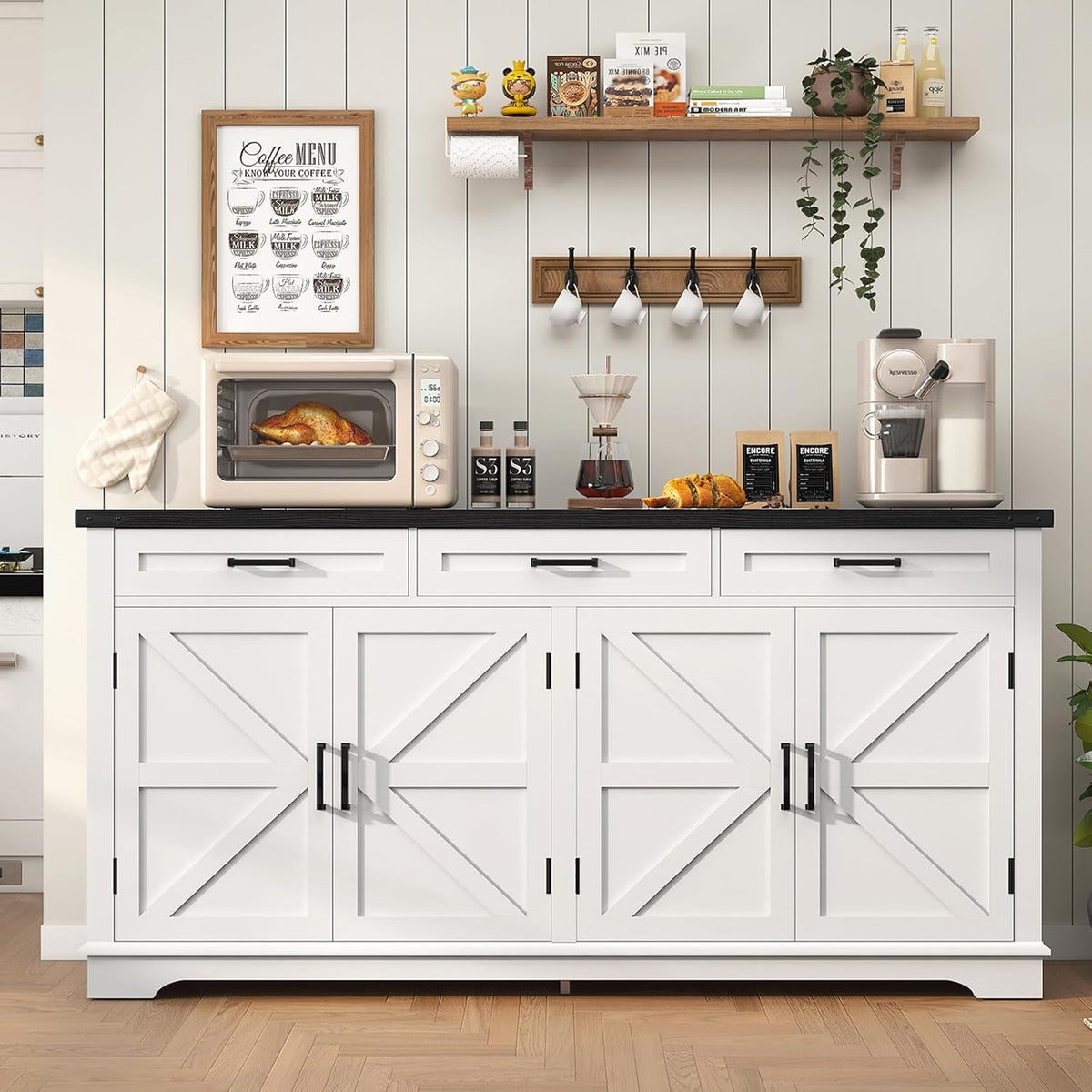 usikey 61” Large Sideboard Buffet Cabinet with 4 Doors and 3 Drawers, Farmhouse Buffet Table, Dining Room Storage Cabinet for Kitchen or Living Room, White