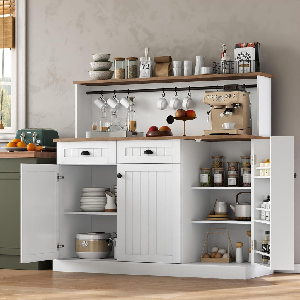 Gyfimoie Sideboard Buffet Cabinet with 2 Drawers, Farmhouse Kitchen Pantry with Adjustable Shelves, Coffee Bar Cupboard Cabinet with 3 Doors for Kitchen, Dining Room (White)