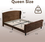 BedsPick Brown Upholstered Queen Bed Frame with 42" Wingback Headboard, Sleigh Queen Size Bed Frame with Button Tufted Scroll Footboard, Wood Slats Support/No Noise/Easy Assembly/No Box Spring Needed