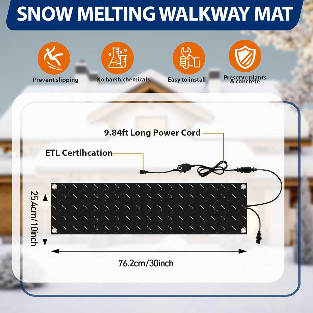 Riakrum 10 Pcs Heated Snow Melting Mats Outdoor, 10 x 30 in Winter Anti-Slip Heated Rubber Mat for Walkways Decks and Sidewalks, Snow and Ice Melting Pads Connection with 9.84 ft Power Cord