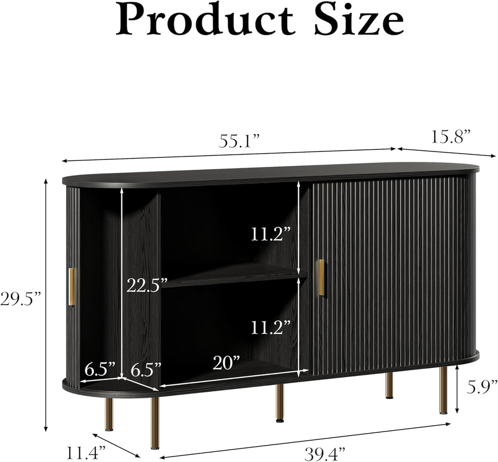 DHH Sideboard Buffet Cabinet with Storage,Mid Century Modern Fluted Accent Coffee Bar Console Table,Tambour Sliding Doors& Adjustable Shelf for Kitchen, Living Room, Entryway(Black, 55 Inch)