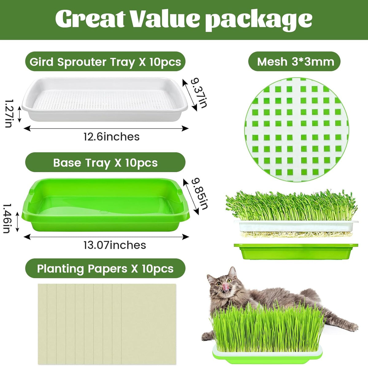 Legigo 10 Pack Green Seed Sprouter Trays- Soil-Free Cultivation Germination Tray, BPA Free Nursery Tray with Planting Paper for Indoors or Outdoors Sprouting Seeds, Grow Grass, Beans (Without Lids)