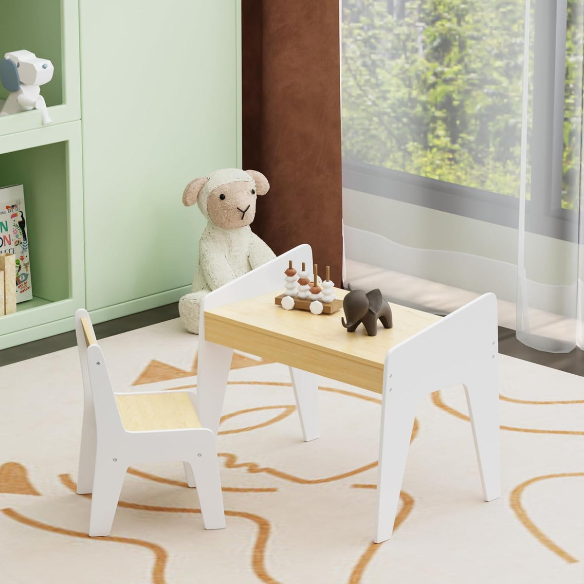 Kids Table and Chair Set, Wooden Children's Study Desk & Play Table for Ages 2-8, White and Natural MDF Furniture