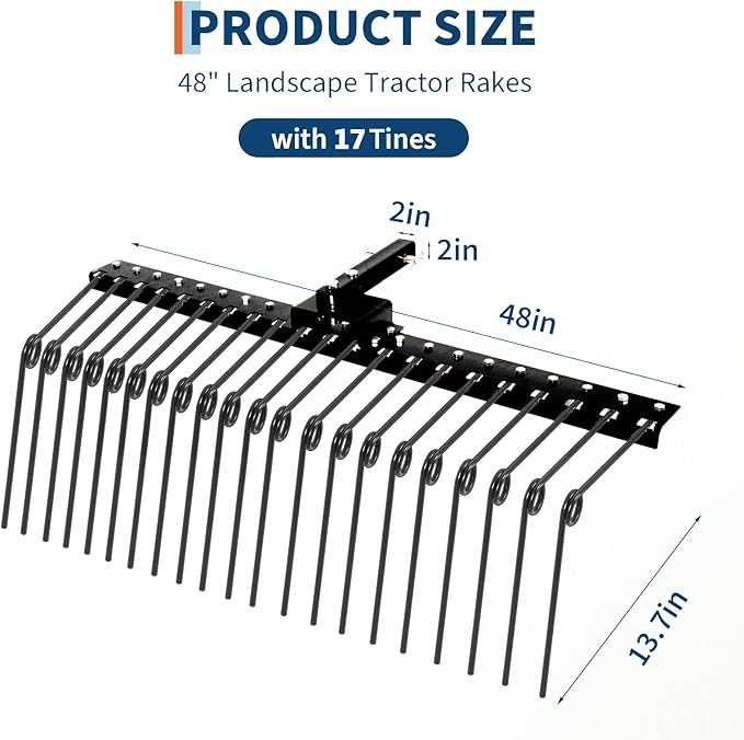 Tow Behind Landscape Rake, 48" Tow Dethatcher with 17 Steel Coil Tines, Lawn Dethatcher Rake Attaches to 48" or 60" Toolbars and 3-Point Suspension Systems, for Leaves, Pine Needles, and Grass, Black