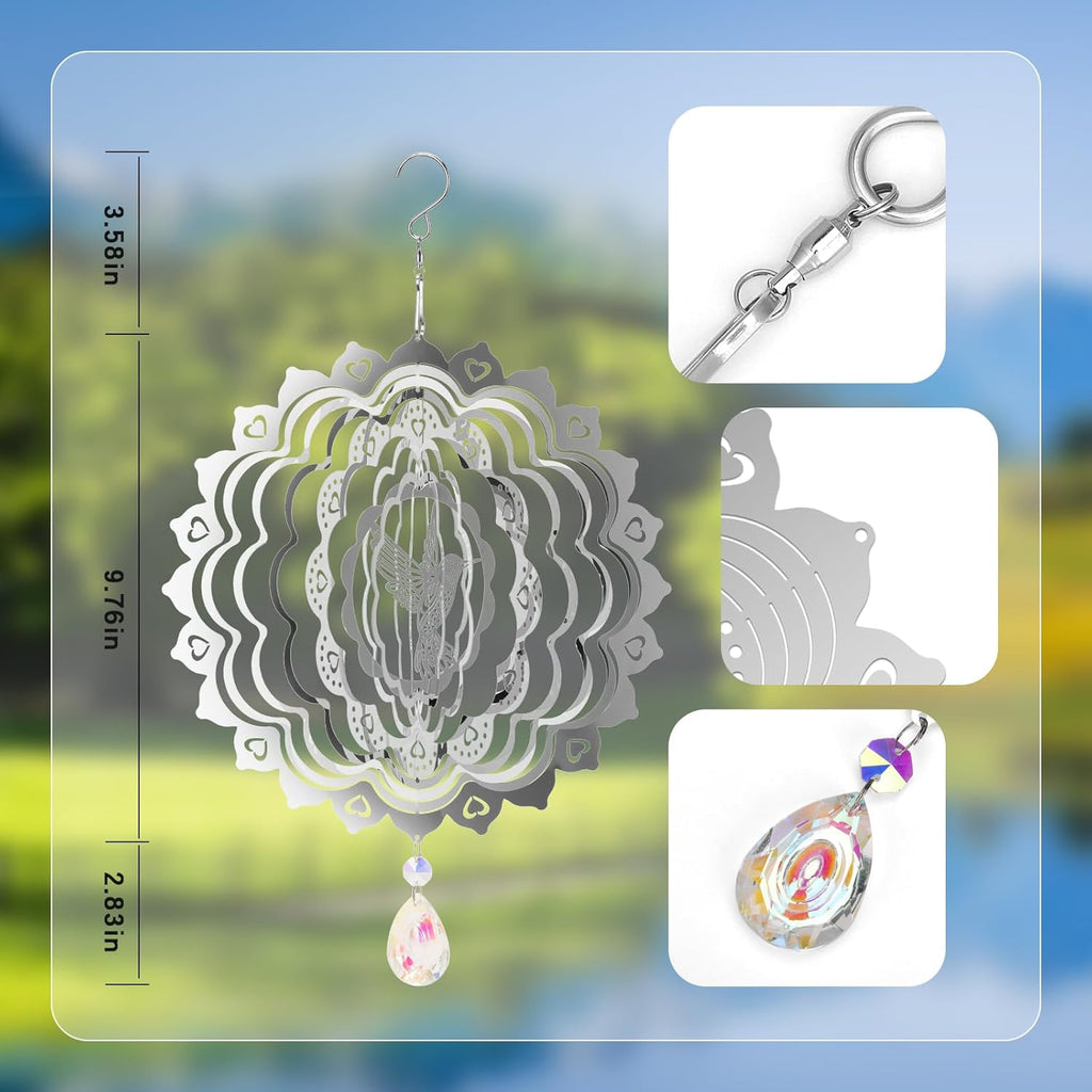 3D Wind Spinners Outdoor Flowing-Light Effect Metal Garden Decor, Highly Reflective Bird Deterrents for Outside, Mirrored Wind Sculptures to Scare Birds Away from Yard Patio Farm (Hummingbird-Silver)