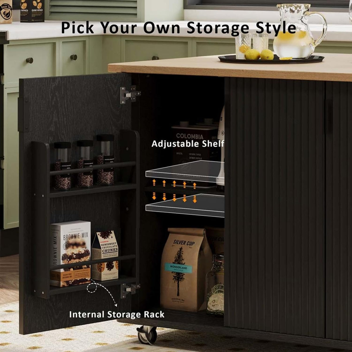 Kitchen Island with Storage with Drop Leaf with Storage and Dining Table, Kitchen Island with Drop Leaf with Wheels Towel Rack， for Kitchen, Dining Room, Black